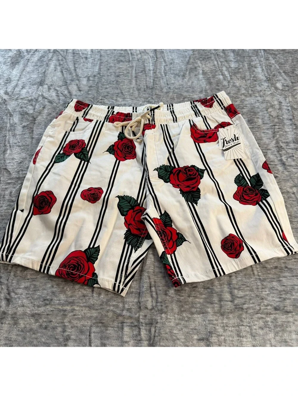 Fresh Prints of Bel-Air Men's XL White Red Black Striped Rose Floral Shorts